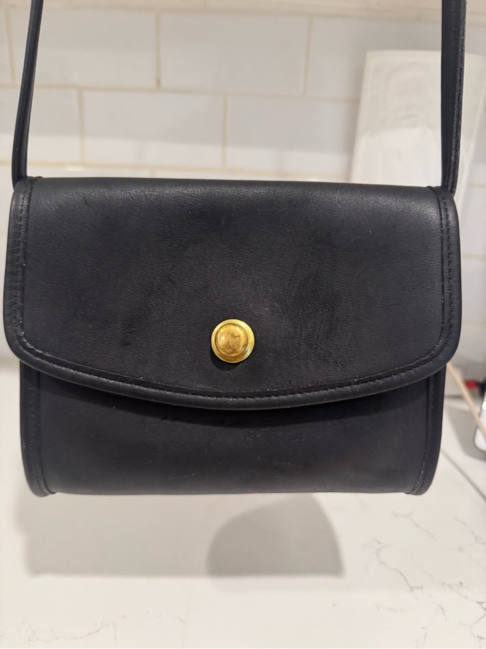 Coach Vintage Black Leather Crossbody Bag with Gold Button